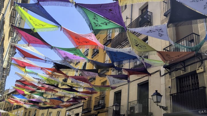 Mantones de Manila draped over Calle de la Cava Baja in La Latina for Madrid's La Paloma festival. Photo: Michael Jons